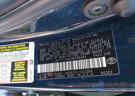 2021 Toyota Camry Se из США, поврежденный, VIN 4T1T11AK2MU599364